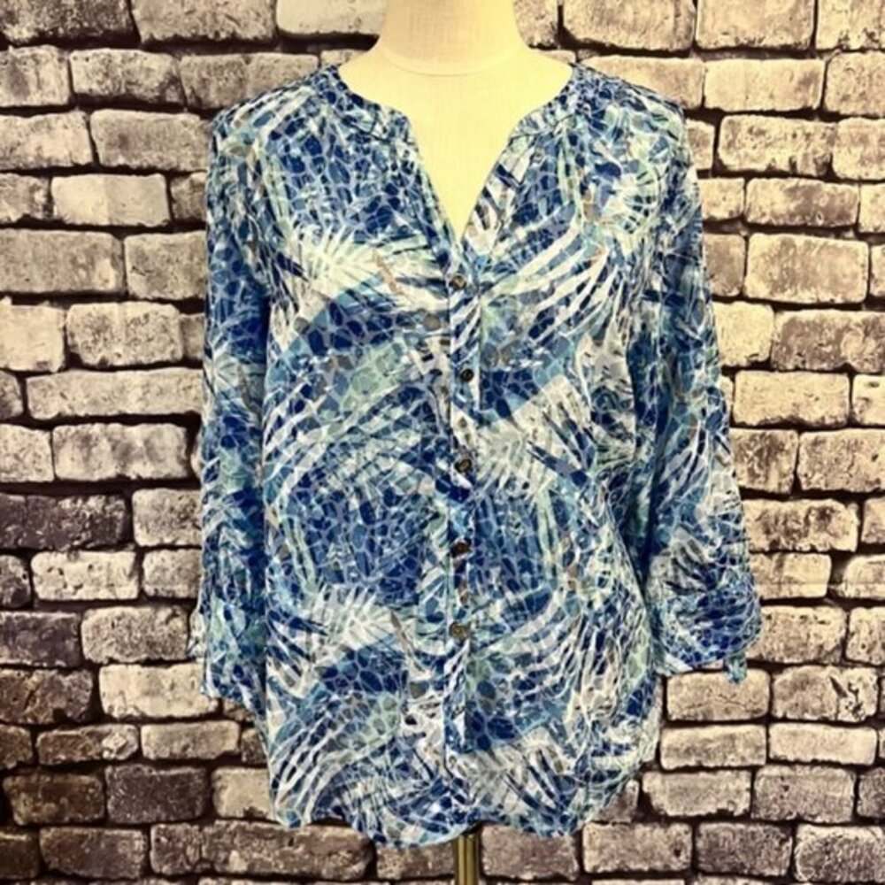 JM Collection Blue, White & Green Semi Sheer Blouse Size 12